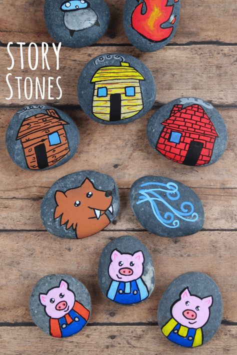 These 3 Little Pig story stones are perfect for re-telling and reading comprehension. Using flat rocks and paint pens, these are simple to make! Three Little Pigs Story, 3 Little Pigs, Pig Painting, Teacher Board, Make Your Own Story, Story Stone, Rock Painting Tutorial, Story Stones, Children's Stories