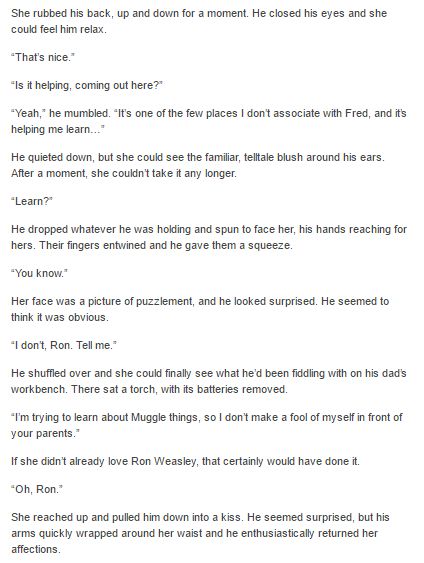 Ron and Hermione part 2   Love Harry Potter Fanfiction? Check out our Harry Potter Fanfiction Recommended reading lists - http://fanfictionrecommendations.com/harry-potter-fanfiction-recommendations/ Harry Potter Costume For Kids, Romione Fanfiction, Hinny Fanfiction, Hermione And Ron Headcannons, Ron And Hermione Headcanon, Ron And Hermione Fanfiction, Books That Became Movies, Harry And Hermione Fanfiction, Romione Book Moments