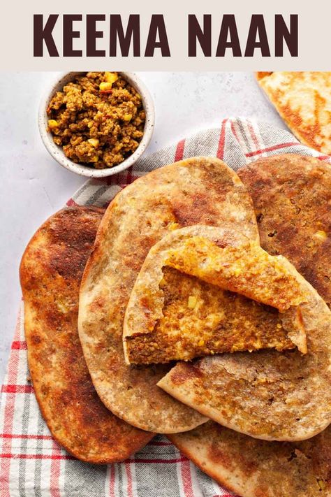 This keema naan recipe makes an easy, homemade stuffed bread with a filling of spicy ground lamb. The keema is cooked separately and filled into the naan dough which is then is rolled out and baked in an oven. The result is a wonderfully thick and fluffy stuffed naan that you can have for brunch or dinner! Keema Naan, Lamb Keema, Stuffed Naan, Indian Food Photography, Stuffed Bread, Naan Recipe, Mutton Recipes, Lamb Curry, Ground Lamb