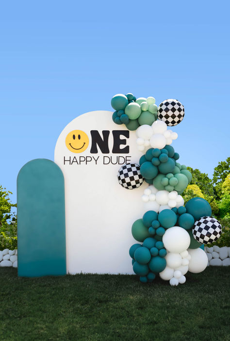 Retro Balloon Decor, Checkered Balloon Garland, Black And White Checkered Baby Shower Ideas, Boy 1st Birthday Themes Ideas, One Happy Dude Balloons, First Birthday One Happy Dude, One Happy Dude Blue Theme, Blue One Happy Dude Birthday, One Happy Dude Theme