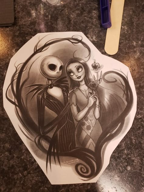 Jack And Sally Tattoo, Sally Tattoo, Halloween Tattoos Sleeve, Cute Thigh Tattoos, Harley Quinn Tattoo, Horror Movie Tattoos, Cher Outfits, Nightmare Before Christmas Tattoo, Alcohol Dispenser