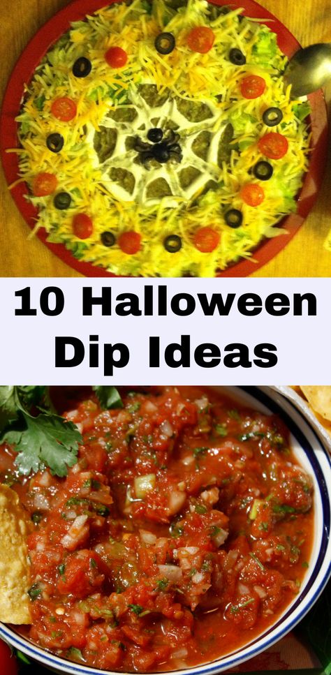 10 Halloween Dip Recipes. Halloween Recipes/ Halloween Food Ideas/ Fall Recipes/Halloween Appetizers Halloween Salsa Ideas, Halloween Appetizers Dip, Halloween Chips And Salsa, Halloween Dip Recipes, Halloween Dips Appetizers, Halloween Party Dips, Party Dip Ideas, Halloween Dips For Parties, Halloween Party Dip