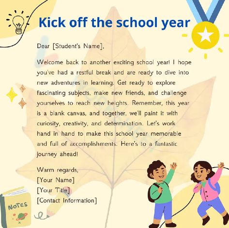 Get ready for an exciting new adventure as we kick off the school year with our back to school letter! Teacher also can take this sample letter to send your student to welcome back to them. Check it out! #backtoschool #letters #letterfromteacher #teacher #sample #welcomeback #greettings #students #pdfs #printable #worksheets Message To Parents, Back To School Worksheets, Dear Students, Welcome Back To School, School Worksheets, Letter F, New Adventure, Make New Friends, New Adventures