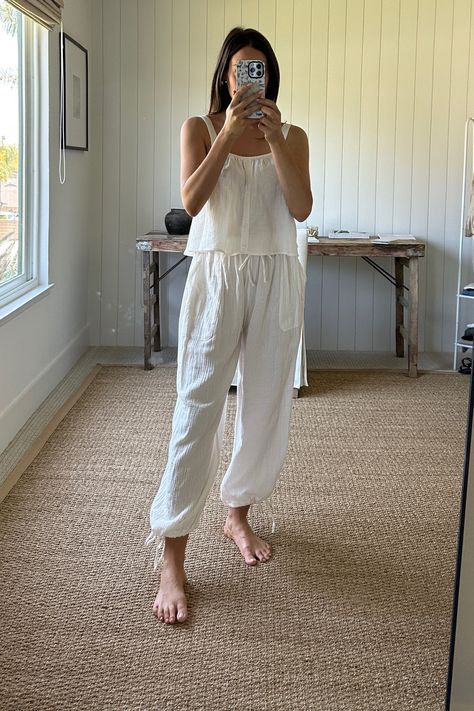 Women's Cotton Gauze Jogger Pajama … curated on LTK Gauze Pants Outfit, Gauze Pants, Outfit Matching, Comfy Outfit, All White Outfit, White Outfit, Lounge Set, Lounge Sets, White Outfits