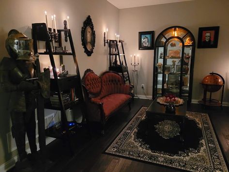 Gothic Aesthetic Apartment, 70s Goth Aesthetic Home, Victorian Themed Living Room, Dark Home Aesthetic Living Room, Gothic Rental Apartment, Vampy Home Decor, Whimsical Goth Living Room, Alternative Apartment Aesthetic, Goth Decoupage