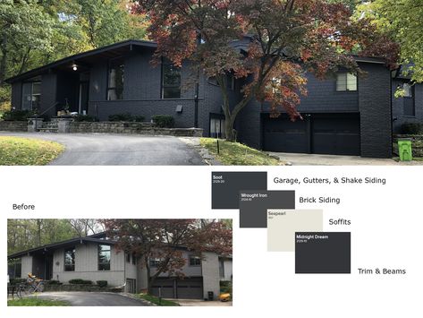 Benjamin Moore Exterior Colors - (painted brick) Soot 2129-30, Wrought Iron 2124-10, Seapearl 961, Midnight Dream 2129-10 Benjamin Moore Blacktop Exterior, Midnight Dream Benjamin Moore, Charcoal Painted Brick Exterior, Wrought Iron Benjamin Moore Exterior, Black Painted Brick House Exterior, Benjamin Moore Wrought Iron Exterior, Benjamin Moore Soot Exterior, Black Painted Brick Exterior, Painted Brick House Exterior