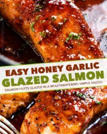 Honey Garlic Glazed Salmon (20 min. recipe!) - The Chunky Chef Honey Garlic Glazed Salmon, Honey Salmon Recipes, Salmon Recipe Pan, Honey Glazed Salmon Recipe, Dinner Seafood, Salmon Recipes Pan Seared, Salmon Recipes Baked Healthy, The Chunky Chef, Salmon Filets