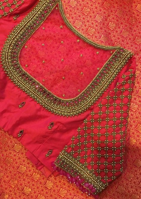 Arri Work Net Blouse, Heavy Bead Work Aari Blouse, Aari Work Grand Neck Design, Net Design Aari Work Blouse, Back Neck Net Aari Work, Aari Work Grand Design, Copper Zari Aari Work Blouse Design, Red Aari Work Blouse Designs, Back Neck Aari Designs For Blouses