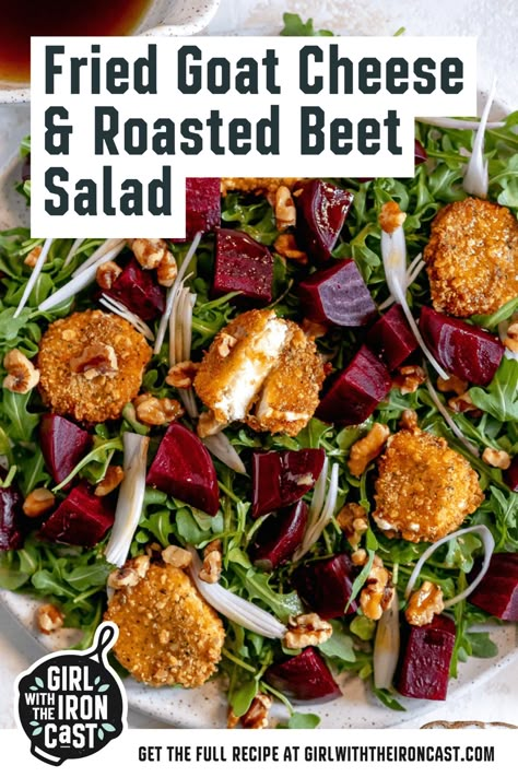 This fried goat cheese and roasted beet salad with homemade roasted beets, crispy fried goat cheese discs, over a bed of arugula, and topped with walnuts, thinly sliced shallots, and a honey balsamic vinaigrette. Roasted beets and crispy goat cheese are the perfect pair in this delicious salad. Arugula Salad With Beets And Goat Cheese, Beet And Goat Cheese Napoleons, Roasted Beet Salad With Goat Cheese Walnuts And Honey Dijon, Beets Salad With Goat Cheese, Crispy Goat Cheese Salad, Beet Pistachio Goat Cheese Salad, Roasted Beets Goat Cheese, Beet And Arugula Salad Goat Cheese, Goat Cheese And Beet Salad