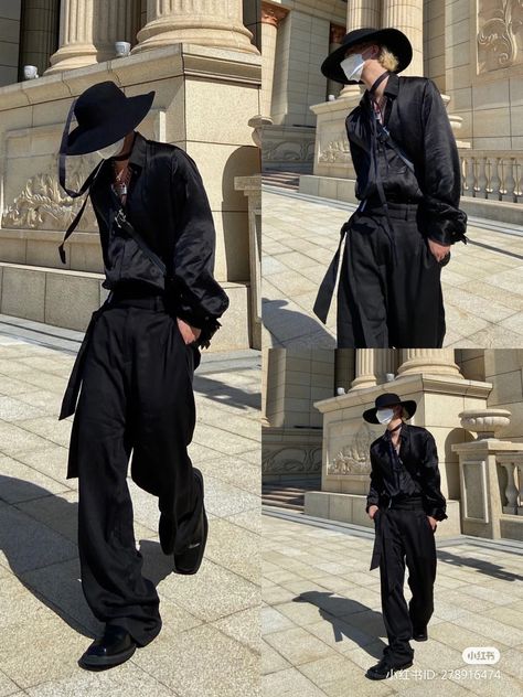 Army Core Outfits, Assassin Outfit Design Male, Non Binary Prom Outfits, Feminine Outfits For Men, Formalwear Aesthetic, Vampire Clothes, Black Outfit Men, Tech Wear Fashion, Black White Outfit