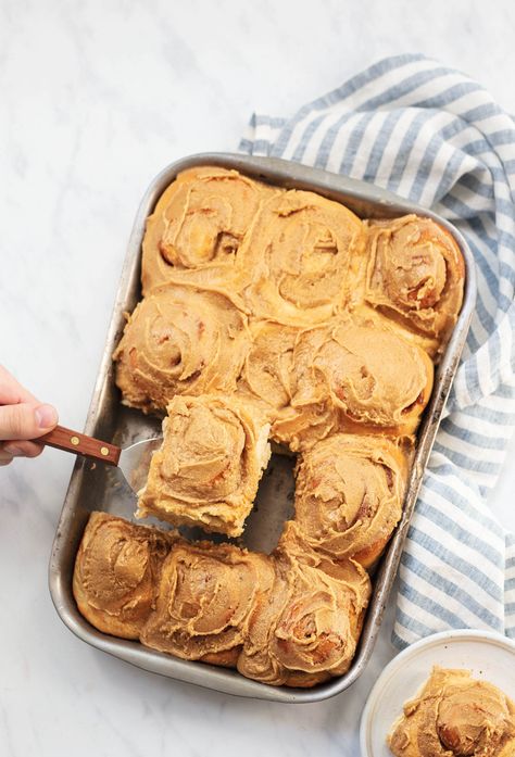 Super Soft Cinnamon Rolls with Brown Sugar Frosting | Creme De La Crumb Cinnamon Roll Glaze, Soft Cinnamon Rolls, Cinnamon Roll Frosting, Brown Sugar Frosting, Cinnamon Roll Icing, Holiday Baking List, Maple Frosting, Recipe Book Diy, Pumpkin Cinnamon Rolls