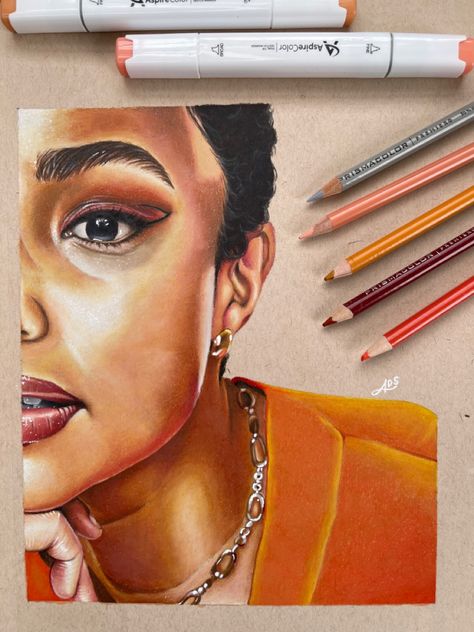 Colored pencil portrait done on Strathmore Toned Tan Paper, with PrismaColor Premier Colored Pencils and Aspire Alcohol Markers Colored Pencil Portrait, Marker Drawing, Alcohol Ink Art, Realism Art, Alcohol Markers, Color Pencil Art, Color Pencil Drawing, Pencil Portrait, Marker Art