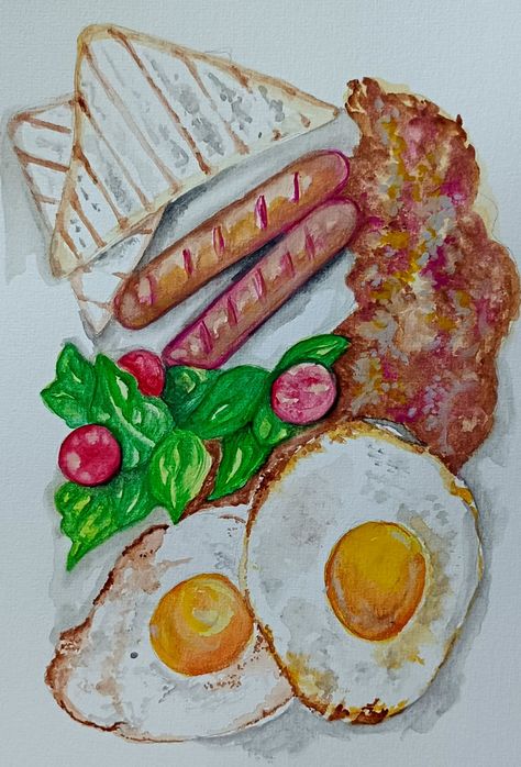 Breakfast in watercolour Breakfast Watercolor, Breakfast Drawing, Breakfast Platter, Crafts Painting, Oil Pastel Art, English Breakfast, Art Painting Acrylic, Pastel Art, Painting Crafts