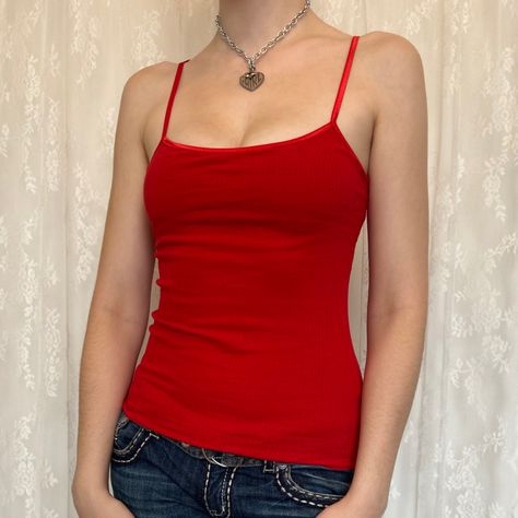 Y2K 2000s Ruby Red Dainty Cami #2k #2kfashion #2000s#2000sfashion #summer2023 Red Cami Top Outfit, Red Tank Top Outfit Y2k, How To Style A Red Tank Top, Dark Red Tank Top Outfit, Red Tank Top Outfit Summer, 2000s Tops Aesthetic, Red Spaghetti Strap Top Outfit, Red Cami Outfit, Deadpool Sona