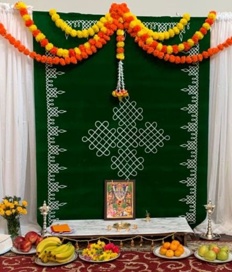 Gruha Pravesham Decoration Ideas, Pooja Backdrops, Saraswati Pooja, Flower Wall Decor Diy, Kite Decoration, Ganpati Decoration Theme, Housewarming Party Decorations, Puja Decor, Pooja Door Design