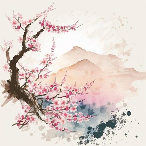 Japanese Park, Japanese Cherry Blossoms, Vector Landscape, Cherry Blossom Watercolor, Watercolor Vector, Japanese Landscape, Japanese Cherry Blossom, Cherry Blossoms, Nature Travel