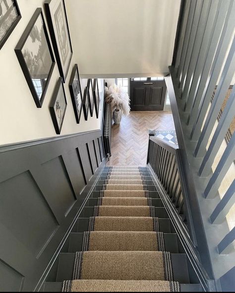 Victorian Terraced Hallways, Victorian Hallways And Stairs, Dark Grey Hallway Panneling, Edwardian House Decor, Dark Stairway Ideas, Farrow And Ball Railings Staircase, 1930s House Interior Hallway, Victorian House Staircase, Panelling Up The Stairs