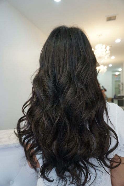 Waves, extensions, curls, dark hair Beach Waves Extensions, Beach Wave Black Hair, Body Wave Extensions, Dark Brown Beach Waves, Long Dark Hair With Extensions, Long Dark Curled Hair, Soft Curls Black Hair, Long Brown Curled Hair Prom, Black Waves Hair