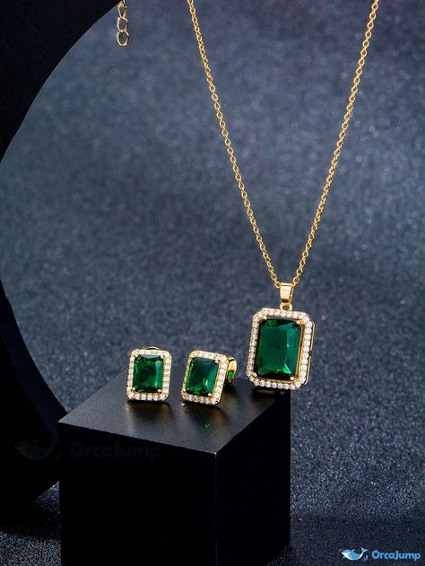 OrcaJump - 3-Piece Cubic Zirconia Square Decorative Jewelry Set Gold Jewelry Prom, Jewelry Closet, Diamond Pendants Designs, Embellished Fashion, Fancy Jewelry Necklace, Light Jewelry, Fancy Jewellery Designs, Bride Jewelry, Indian Jewelry Sets