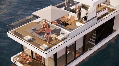 Houseboat - HSB Marine | Floating Solutions Houseboat Design, Small Houseboats, Boathouse Design, Floating Bar, Luxury Houseboats, Floating Homes, Houseboat Living, House Boats, Bar Designs