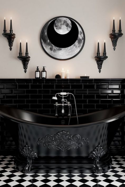 Unleash your inner witch with these captivating bathroom ideas! Incorporate black candles, moon phase mirrors, and dark, mystical decor to create a spellbinding space filled with elegance and mystery. Step into your sanctuary of enchantment #WitchyBathroom #MysticalDecor #DarkElegance #EnchantedHome #GothicBathroom #WitchyVibes #BathroomTransformation #DarkAesthetic #BohoWitchDecor #MysticalSpaces Gothic Restroom, Ministry Of Magic Bathroom, Black Boho Bathroom, Goth Bathroom Ideas, Boho Witch Decor, Witchy Bathroom Ideas, Witchy Bathroom Decor, Witch Bathroom, Dramatic Bathroom