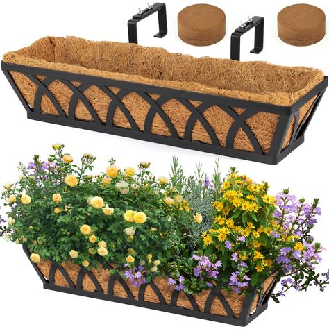 PRICES MAY VARY. STRONG BUT LIGHT: These deck railing planters are made from strong black metal wtih powder coating to prevents it from rusting and suitable for indoors & outdoors. It is sturdy and suitable for real, live or artificial (fake or faux) plants, especially great for planting vegetable, fruits like strawberry, herbs and spice. NATURAL COCO WIRE BASKET: Coir wire Basket are made from 100% natural and Eco friendly coir fibers with 100% natural latex .These baskets can be used as decora Hanging Planters Outdoor, Decorative Hanging Baskets, Porch Fence, Deck Railing Planters, Window Box Plants, Balcony Planters, Railing Planters, Railings Outdoor, Trough Planters