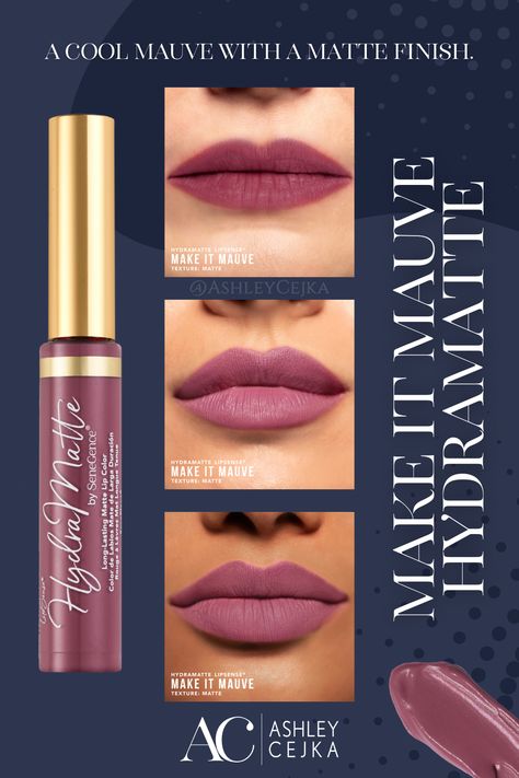 Make it Mauve HydraMatte lip color is a cool mauve with a matte finish. This lipstick is a creamy, waterproof, long-lasting, one-step lip color. To see more visit ashleycejka.com Hydramatte Lipsense, Praline Rose Lipsense, Lipsense Pinks, Senegence Makeup, Long Lasting Lip Color, Lipsense Colors, Different Skin Tones, Matte Lip Color, Custom Shades