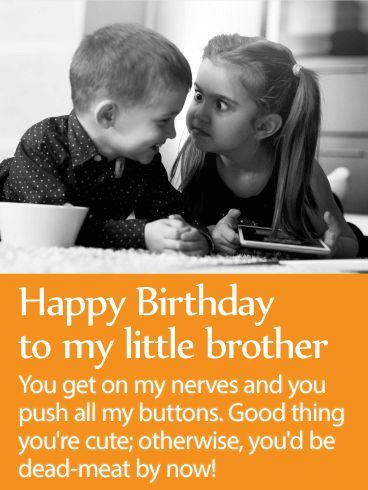 Happy Birthday to my little brother. You get my nerves and you push all my buttons. Good things you are otherwise you would be dead meat by now! #happy #family #love Birthday Card For Younger Brother, Younger Brother Birthday Quotes Funny, Happy Birthday To Brother Funny, Birthday Wishes For Sibling Brother, Birthday Wishes For Lil Brother, Birthday Wishes For Brother From Sister Funny, Happy Birthday Little Brother Funny, Younger Brother Quotes From Sister, Brother Birthday Humor