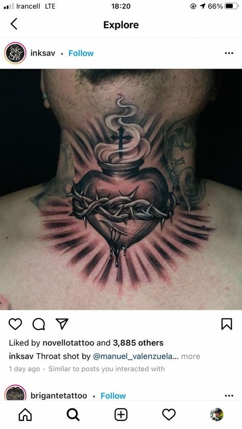 လည်ပင်း Tattoo, Heart Neck Tattoo, Neck And Throat Tattoos Men, Sacred Heart Tattoo, Skull Girl Tattoo, Sacred Heart Tattoos, Aztec Tattoo Designs, Throat Tattoo, Rose Tattoos For Men