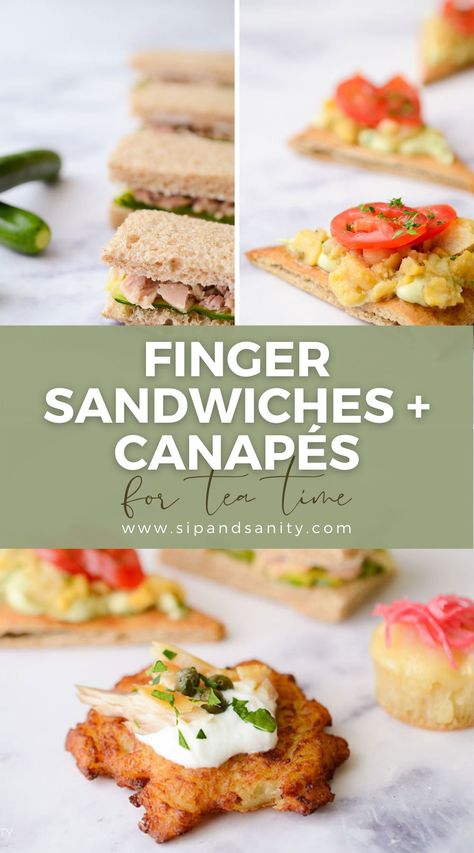 Tea sandwich, canapé, finger sandwich — any way you slice it, these small bites for tea time (or cocktail hour) are easy to assemble with a handful of items from Trader Joe’s! I’ve got four recipes you can pull together easily for a little nosh, brunch, or afternoon tea...maybe even for a special Mother's Day celebration! Tea Savories, Tea Party Sandwiches Recipes, Gluten Free Afternoon Tea, Quick Pickled Radishes, High Tea Menu, Finger Sandwich, Tea Sandwich, Tea Party Sandwiches, Tea Sandwiches Recipes