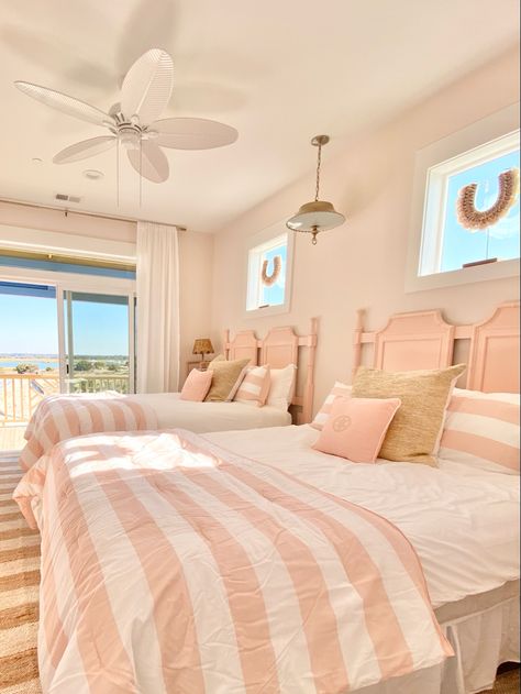 Pink Beach Room Bedrooms, Girly Beach House, Pink Coastal Bedroom Aesthetic, Pink Beach House Aesthetic, Beachy Pink Bedroom, Pink Costal Granddaughter Room, Pink Coastal Granddaughter Bedroom, Pink Beach Aesthetic Room, Pink Coastal Room