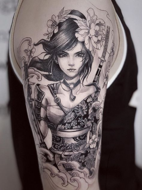 Geisha Tattoo Sleeve, Female Samurai Tattoo, Tato Geisha, 31 Tattoo, Tattoo Lower Back, Rabe Tattoo, Samurai Warrior Tattoo, Geisha Tattoo Design, Female Warrior Tattoo