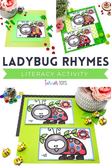 You can’t have a preschool bug unit without including ladybug activities! Good news - you can easily create a classically cute ladybug literacy center with word families and rhyming words. Use Turner Tots’ ladybug printables to create an inviting center that your preschoolers will beg to visit again and again! Each card has different pictures on the ladybug’s spots to reinforce finding the rhyming words. A simple, effective preschool rhyming activity both teachers and students love. Bug Activities For Preschoolers, Insect Preschool, Preschool Rhyming, Ladybug Activities, Turner Tots, Initial Sound Activities, Letter Formation Activities, Syllables Activities, Literacy Activities Preschool