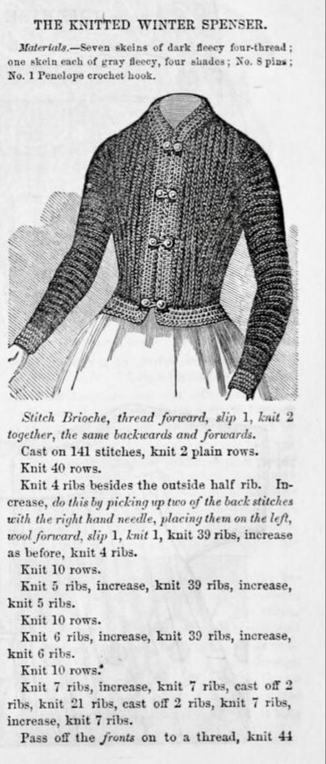 Knitted wool winter Spenser sweater jacket coat bodice knitted knitting crocheted crocheting Victorian 19th century 1800s 1850s 1860s 1870s 1880s old antique historical clothing fashion history costume clothes wardrobe re-enactment living history museum how to make diy reproduction civil war era antebellum inspiration trousseau womens womans ladys ladies childs dolls little girls mode enfantine Historical Knitting Patterns, Victorian Knitting Patterns, Victorian Knitting, Victorian Crochet Patterns, Knitted Decorations, Historical Knitting, Vintage Sweater Pattern, Costume Clothes, Clothes Wardrobe