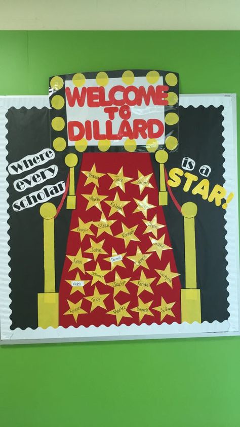 Red carpet themed bulletin board. #bulletin #board #red #carpet #theme #elementary #school #first #grade #scholar #stars #Hollywood #cinema #drama #action #comedy #celebrity #yellow #welcome #back #to #school #movie Red Carpet Bulletin Board Ideas, Hollywood Bulletin Board Ideas, Hollywood Bulletin Board, Back To School Movie, Pta Membership, Hollywood Theme Classroom, Red Carpet Theme, Cheer Posters, Stars Classroom