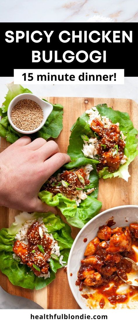 Chicken Bugolgi, Spicy Chicken Bulgogi Recipe, Asian Ground Chicken Lettuce Wraps, Asian Chicken Meatball Lettuce Wraps, Spicy Chicken Bulgogi, Asian Chicken Lettuce Wraps Healthy, Bulgogi Lettuce Wraps, Spicy Chicken Salad Recipe, Bulgogi Chicken