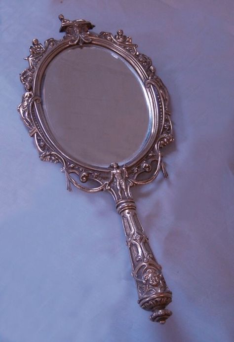 Silver Hand Mirror Aesthetic, Fancy Objects Aesthetic, Hand Held Mirror Aesthetic, Handheld Mirror Aesthetic, Ancient Mirror Aesthetic, Vintage Hand Mirror Aesthetic, Pretty Hand Mirror, Fancy Hand Mirror, Antique Mirror Aesthetic