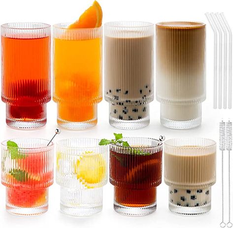 Juice Glasses Set, Ribbed Glassware, Soda Juice, Juice Glass Set, Coffee Soda, Glass Cup Set, Unique Glassware, Cocktail Coffee, Glassware Drinking