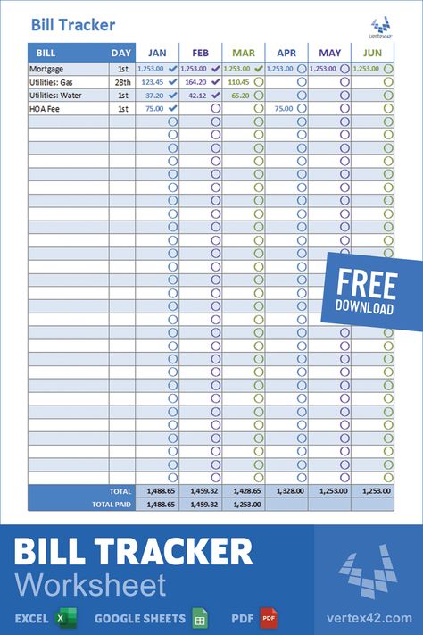 Download a free bill tracking spreadsheet from Vertex42.com. Make a list of your recurring bills and the expected amounts. Then, check them off as you pay them! Bill Spreadsheet Excel, Excel Bill Tracker, Bill Pay Tracker Free Printable, List Of Bills To Pay, Bill Spreadsheet Printable, Bill Payment Tracker Printables Free, Free Bill Tracker Printable, Work Spreadsheet, Bill Tracker Free Printable