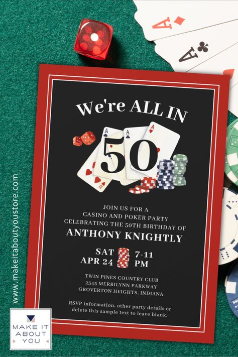 Custom age casino or poker party themed birthday party invitation featuring playing cards, dice and poker chips and an editable age in black, red and white. Poker Birthday Party, Casino Night Invitations, Casino Birthday Party, Casino Party Invitations, Casino Birthday, Casino Theme Party Decorations, Surprise Birthday Party, Poker Party, Casino Poker