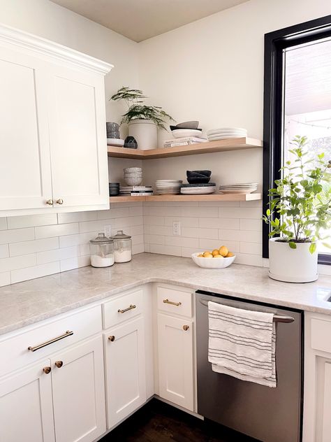 White Oak Floating Shelves with J Thomas Homegoods White Cabinets Kitchen Floating Shelves, Open Shelf Upper Cabinets, White Kitchen Floating Wood Shelves, Floating Shelf Between Cabinets, Floating Cabinets Kitchen, Floating Shelves In Kitchen, Kitchen With Floating Shelves, White Oak Shelves, Corner Shelves Kitchen