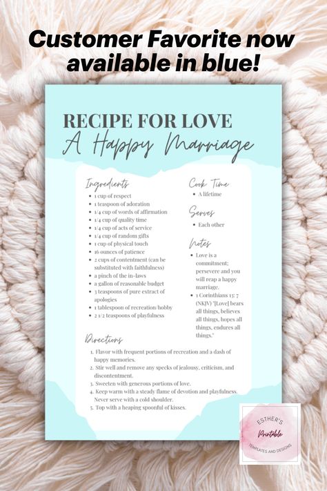 Recipe For A Happy Marriage Printable, Marriage Recipe, Recipe For A Happy Marriage, Recipe For Marriage, Recipe For Love, Bridal Shower Presents, Cute Sayings, Valentines Day Presents, Printable Recipe