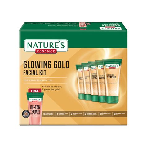 NATURES ESSENCE Glowing Gold Facial Kit, 500g +100ml About this item Suitable for all types: The Nature’s Essence Glowing Gold Facial kit is tested and is suitable for all skin types. All day glow: The Nature’s Essence Glowing Gold Facial kit gives you a parlour like glow in just 30 minutes. Best natural ingredients: Made up of natural ingredients such as aloe vera extract, Vitamin E and Almond oil, the Nature’s Essence Glowing Gold Facial kit is the best facial kit for glowing skin. How to use: a) Gold Cleansing Scrub: Apply a little quantity and gently massage in a circular motion on wet face and neck for 3-4 mins. Then clean with wet cotton/water thoroughly. b) Gold Massage Cream: Gently massage the cream on wet face and neck for 8-10 mins. Clean with moist cotton/water. c) Gold Shine G Gold Facial Kit, Glowing Cream, Gold Facial, Facial Kit, Massage Cream, Tan Removal, Day Glow, Gel Pack, For Glowing Skin