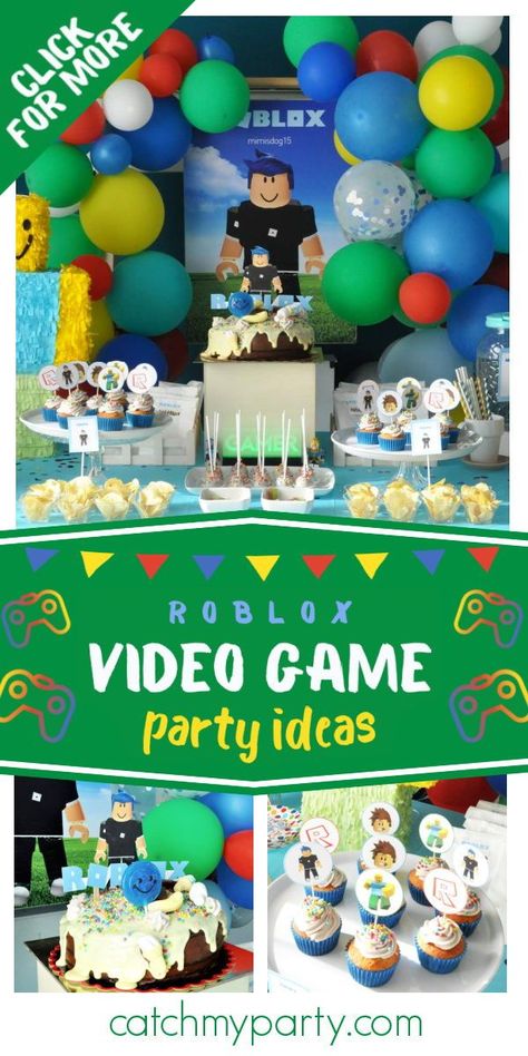 Check out this cool Roblox birthday party! The cupcakes are awesome! See more party ideas and share yours at CatchMyParty.com Roblox Themed Birthday Party, Roblox Birthday Party Ideas, Video Game Party Theme, Roblox Birthday Party, Video Game Birthday Party, Game Birthday Party, Roblox Video, Video Game Birthday, Roblox Birthday