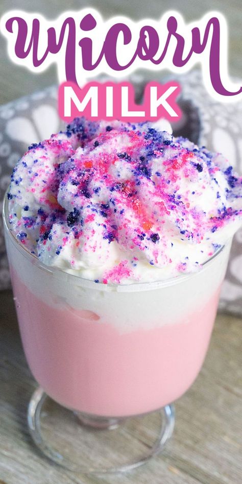 Fun Kids Drinks, Unicorn Milkshake, Drinks For Kids, Unicorn Milk, Candy Drinks, Drink Recipes Nonalcoholic, Birthday Breakfast, Kid Drinks, Milkshake Recipes