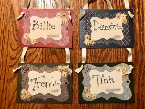 Name Tags for our Women’s Retreat Creative Name Tags Ideas, Papan Nama Mpls, Aesthetic Name Tags For School, Sorotan Ideas, Name Tag Design Creative, Name Tag Aesthetic, Name Tags Ideas, Name Tag Ideas, Lanyard Tutorial