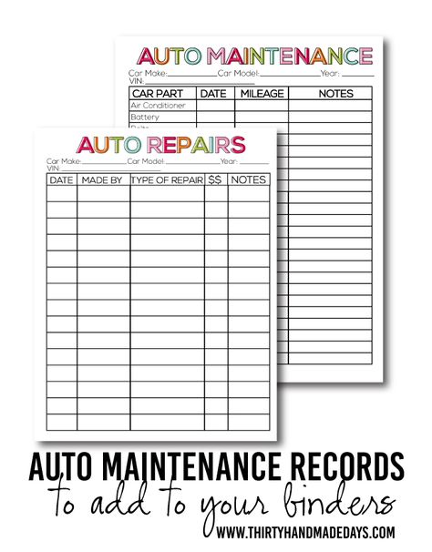 Printable Auto Maintenance Records from www.thirtyhandmadedays.com Vehicle Maintenance Log, Home Maintenance Schedule, Auto Maintenance, Family Binder, Household Binder, Home Binder, Maintenance Checklist, Home Management Binder, Transportation Design