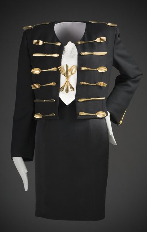 'Dinner Jacket' ensemble | Franco Moschino (Italian, 1950-1994) | Italy, Autumn/Winter 1989-1990 | Wool, wool and acetate, linen, and metal flatware | Los Angeles County Museum of Art, LACMA Clashing Prints, Franco Moschino, Moschino Couture, Dinner Jacket, 1980s Fashion, Los Angeles County, 80s Fashion, Fashion History, Forks