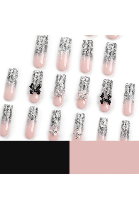 MISUD Press on Nails Long Square Fake Nails Glossy Glue on Nails Black Lace Acrylic Nails Luxury Cross Rhinestone Artificial Nails Squoval False Nails with Bow Design 24 pcs Lace Acrylic Nails, Nails With Bow Design, Nails Squoval, Nails Long Square, Press On Nails Long, Nails Luxury, Nails Glossy, Nails Black, Nails Long