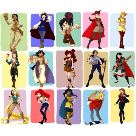 Disney princesses dressed as their princes Disney Princess New Look, Disney Princesses As Villians, Disney Princess Order, All The Disney Princesses Together, Disney Princess In Order, Disney Princess And Their Prince, All Princess Disney Together, Disney Mignon, Disney Princess Anime